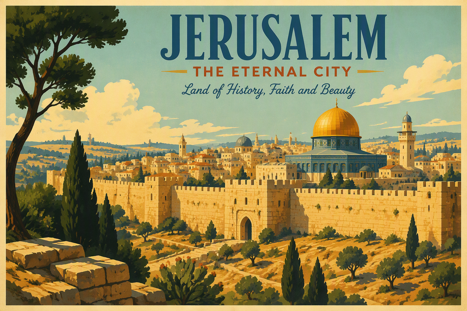 Jerusalemin vanhakaupunki historiallisine kivimuureineen ja kupoleineen