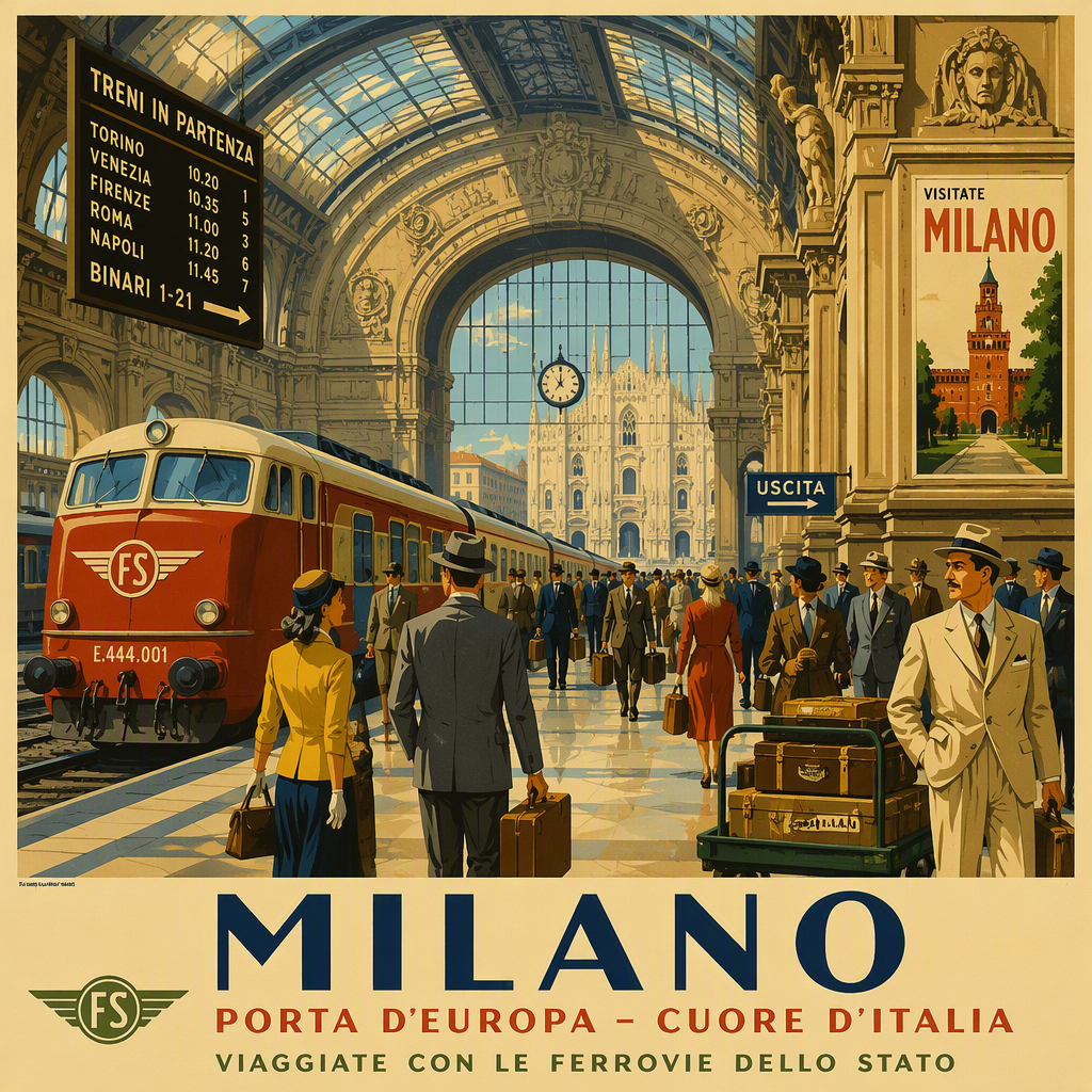 Milano Centralen rautatieaseman halli ja raiteet