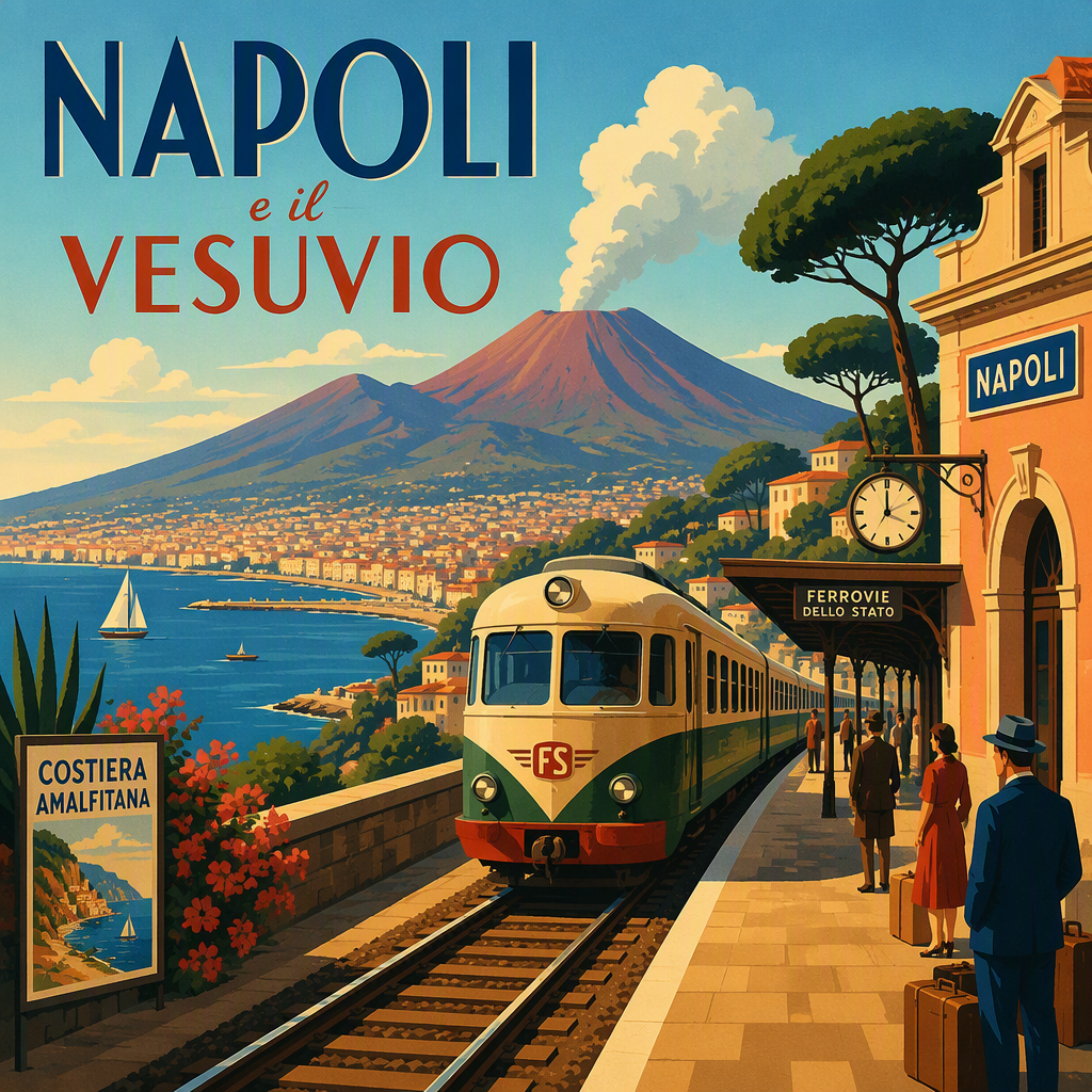 Juna ja Vesuvius-tulivuori taustalla