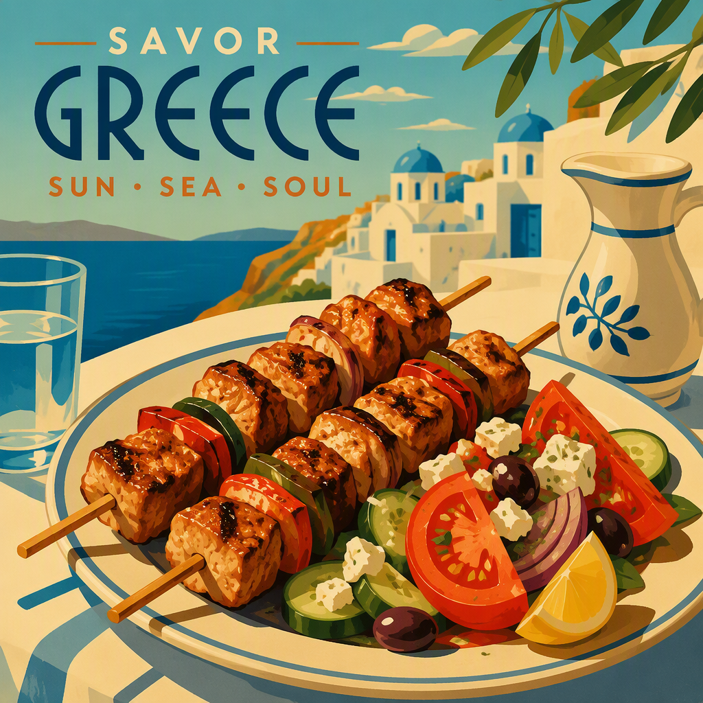 Grillattuja souvlaki-vartaita ja tuoreita kasviksia lautasella