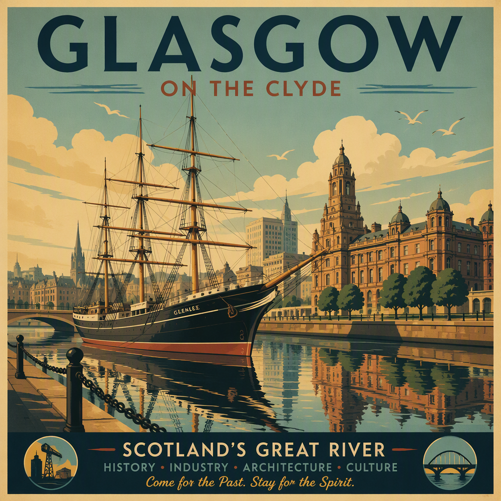 Historiallinen purjelaiva Clyde-joen rannalla