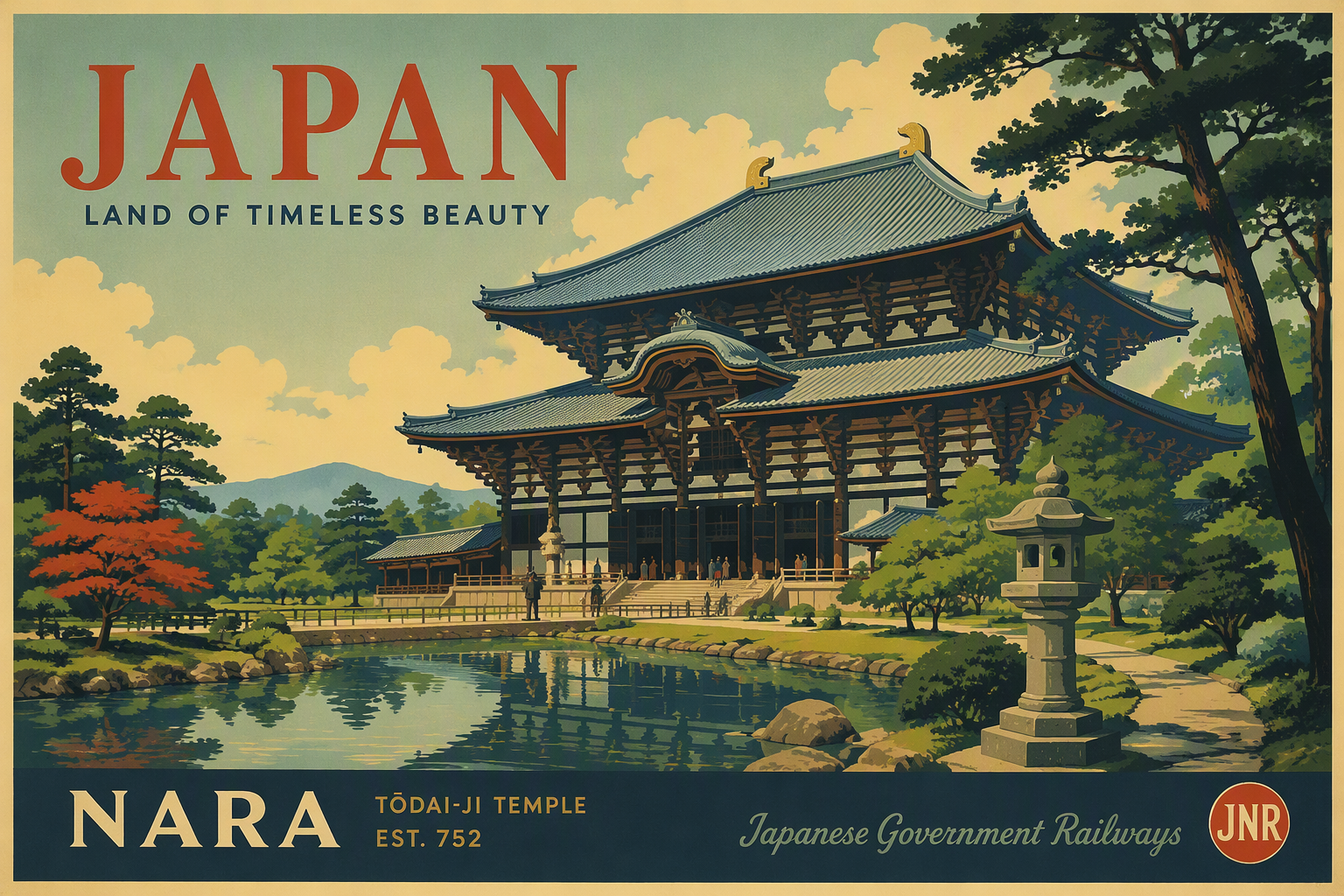 Perinteistä japanilaista arkkitehtuuria vehreässä puistoympäristössä