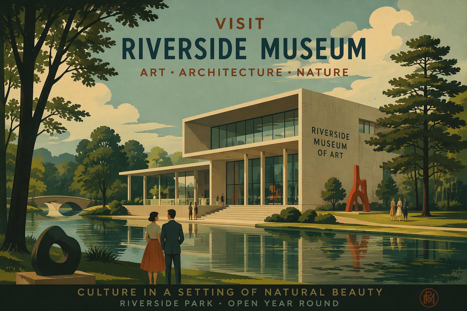 Moderni museorakennus vehreän puutarhan keskellä