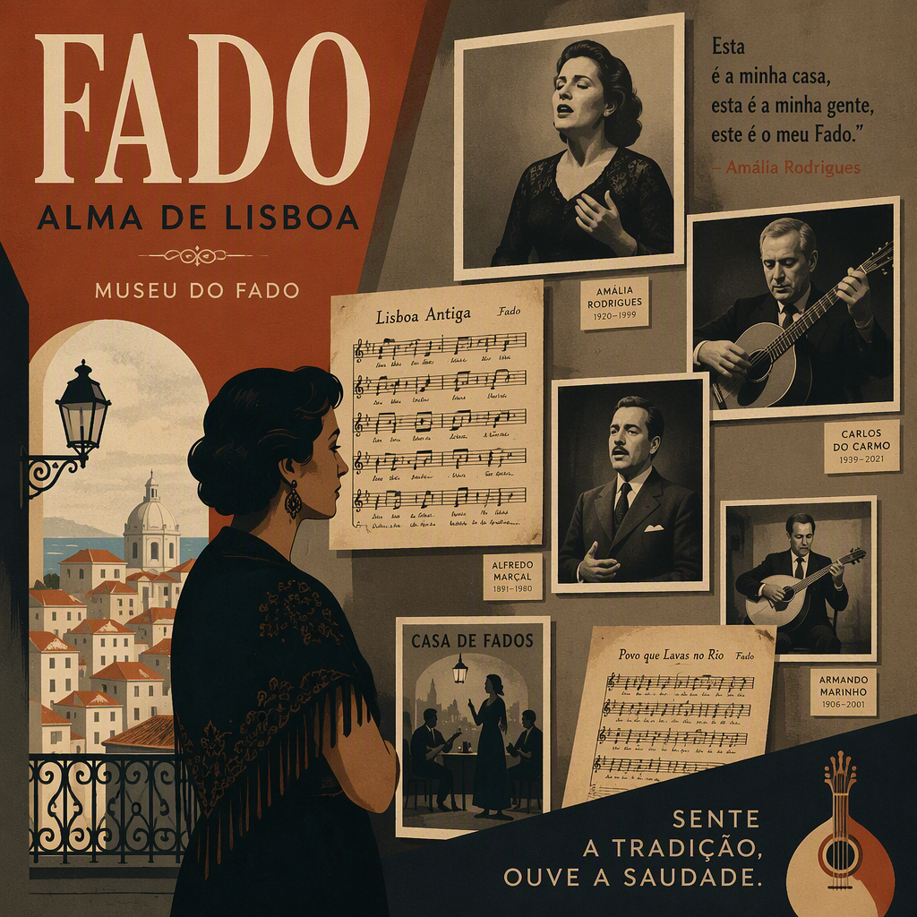 Mustavalkoisia valokuvia fado-laulajista ja nuotteja museon seinällä
