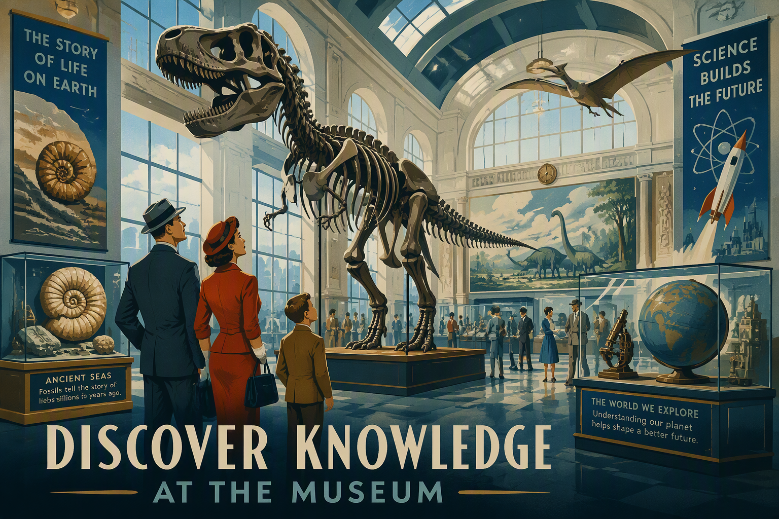 Valoisa museoaula ja luurankonäyttelyitä