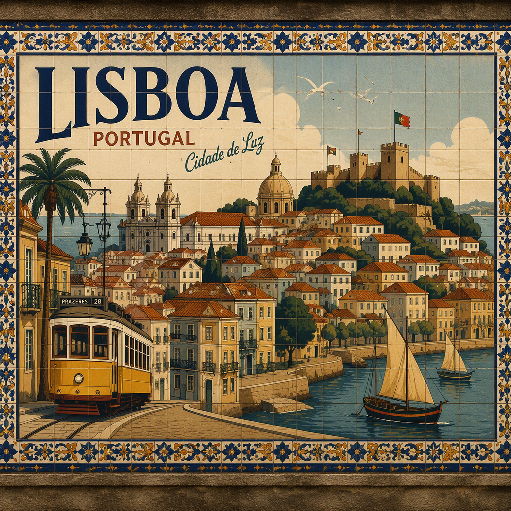 Historiallinen azulejo-panoraama Lissabonin kaupungista