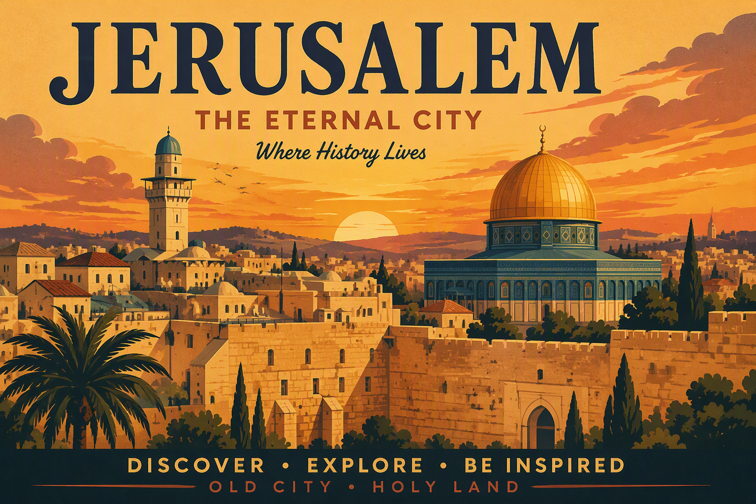 Jerusalemin vanhakaupunki ja Kalliomoskeija auringonlaskun aikaan