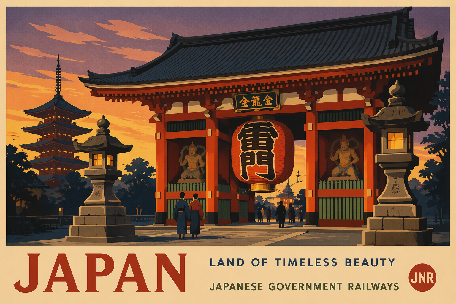 Perinteinen japanilainen temppeli ja punainen lyhty