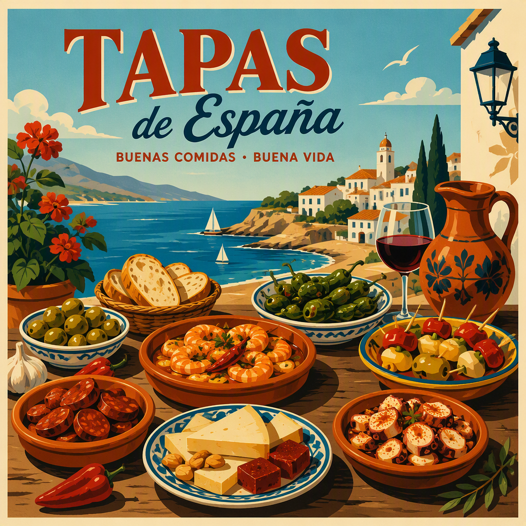 Erilaisia herkullisia tapas-annoksia puisella pöydällä