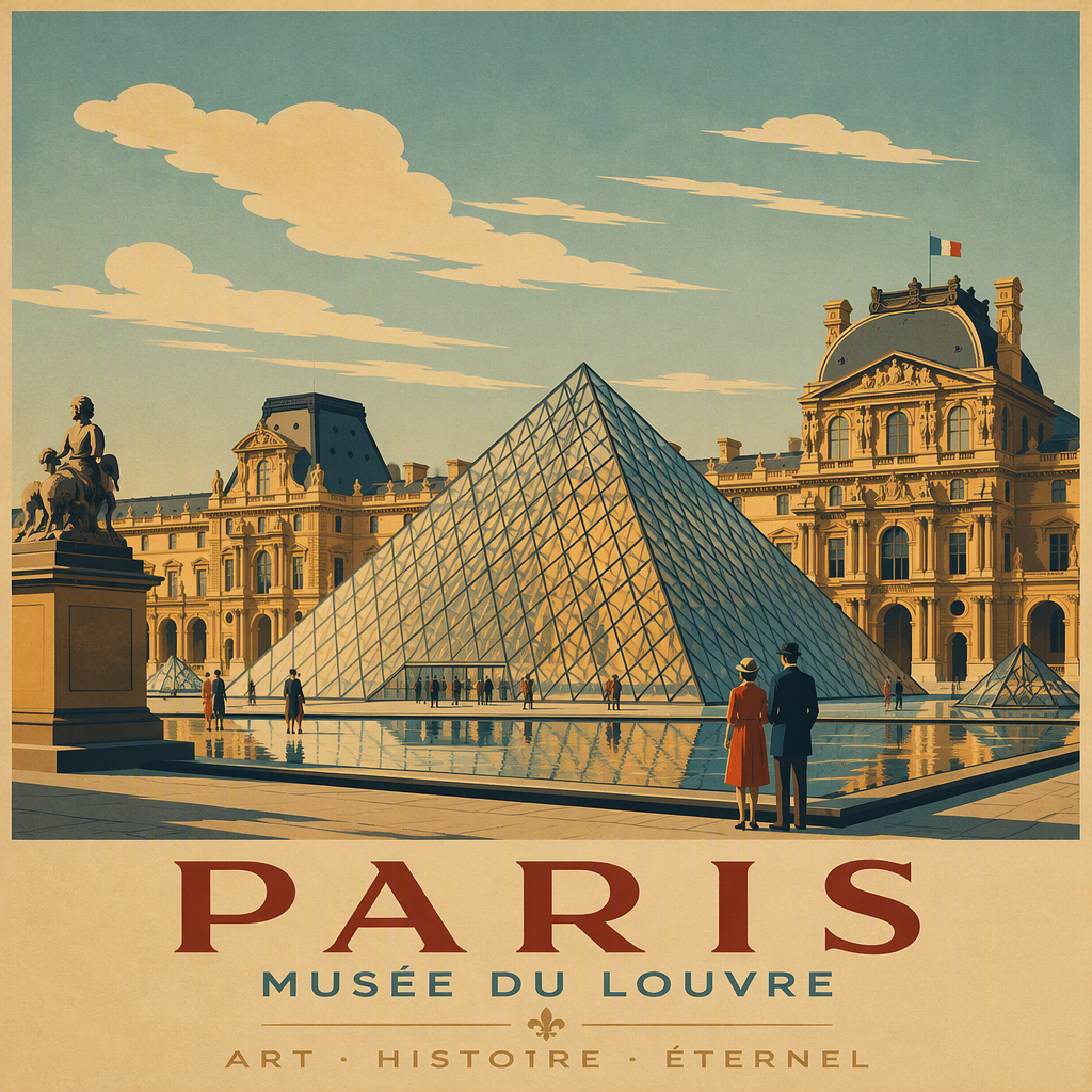 Louvre-museon lasipyramidi auringonvalossa