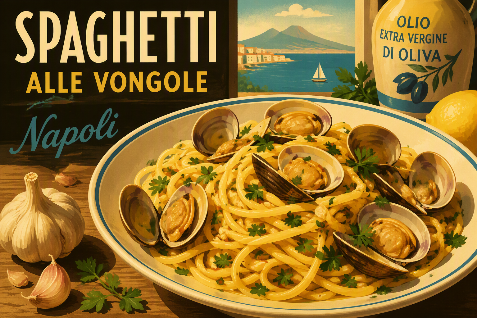 Perinteinen spaghetti alle vongole -annos ravintolapöydässä