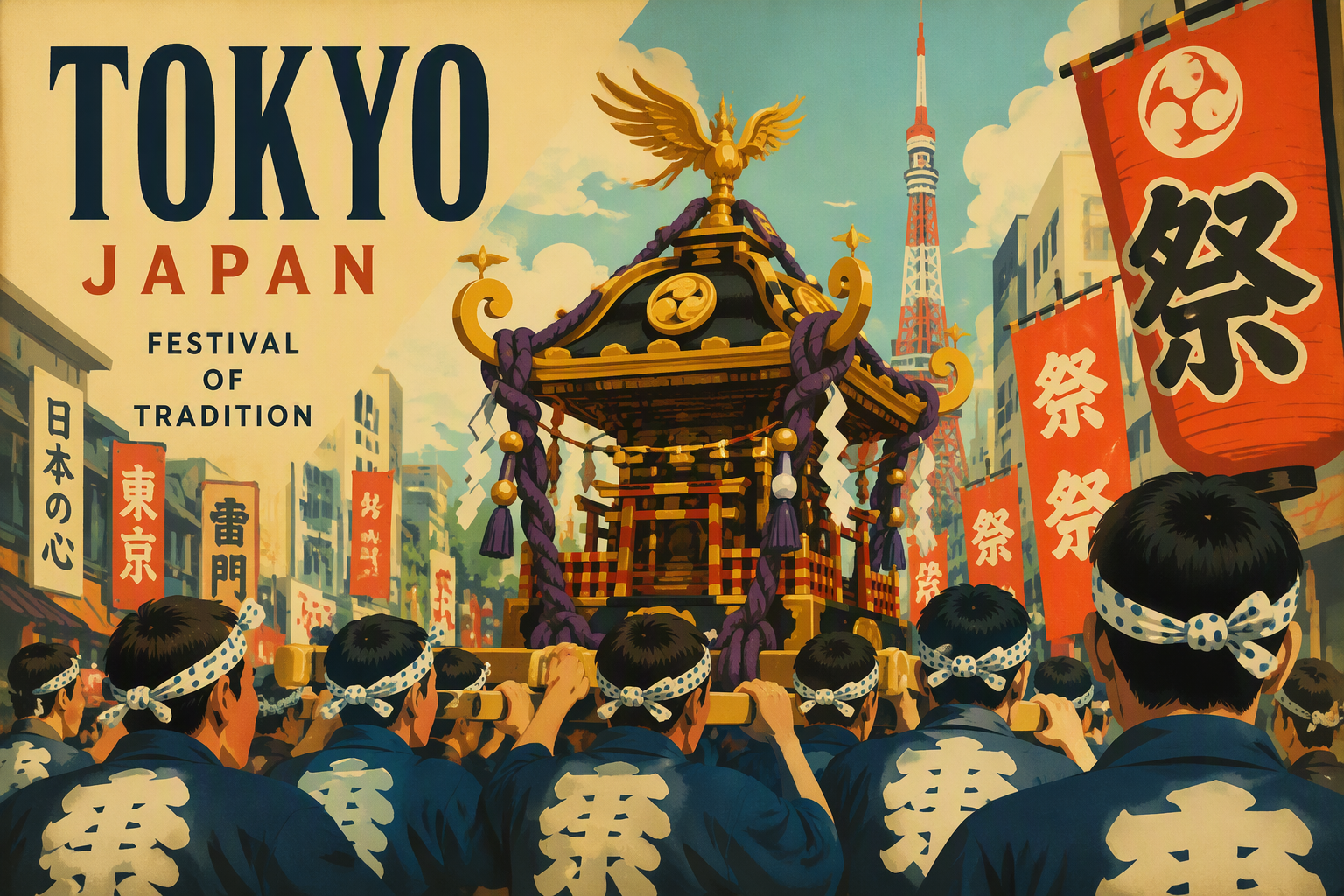 Perinteinen japanilainen mikoshi-kulkue kaupungin kadulla