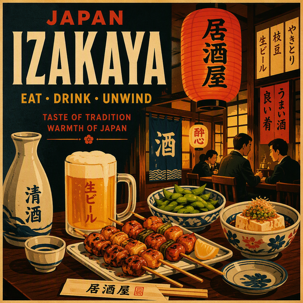 Tunnelmallinen japanilainen Izakaya-ravintola iltahämärässä