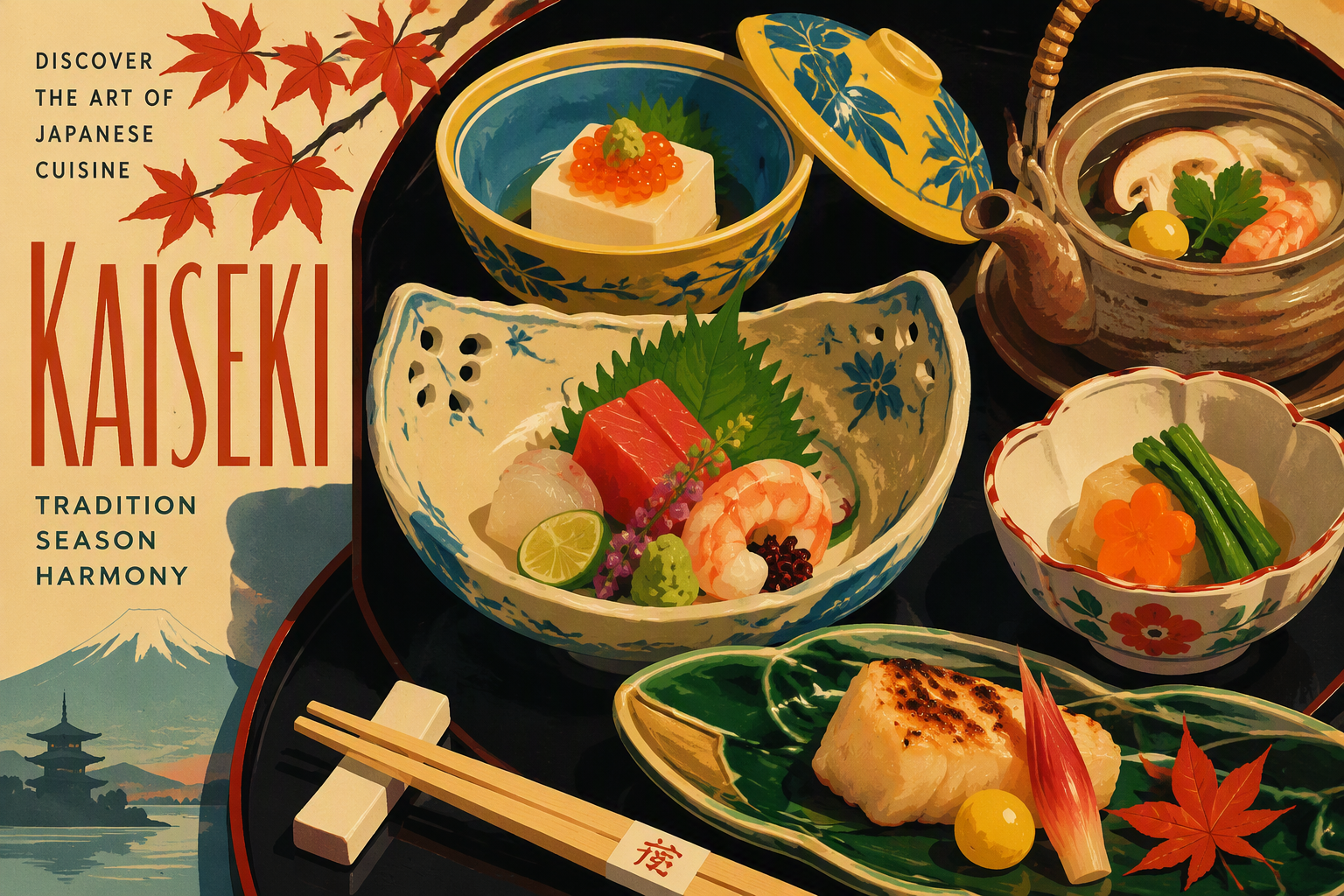 Perinteinen japanilainen Kaiseki-ateria hienoilla astioilla