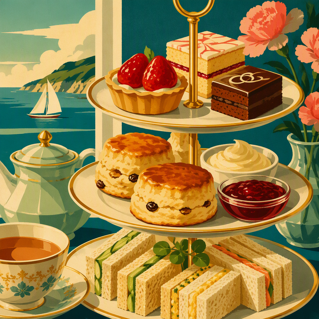 Brittiläinen teehetki eli afternoon tea leivonnaisineen