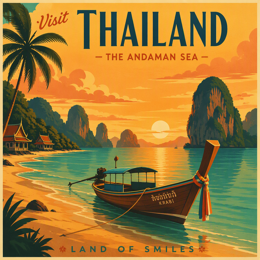Perinteinen thaimaalainen puuvene rannikolla auringonlaskun aikaan Perinteinen thaimaalainen puuvene rannikolla auringonlaskun aikaan