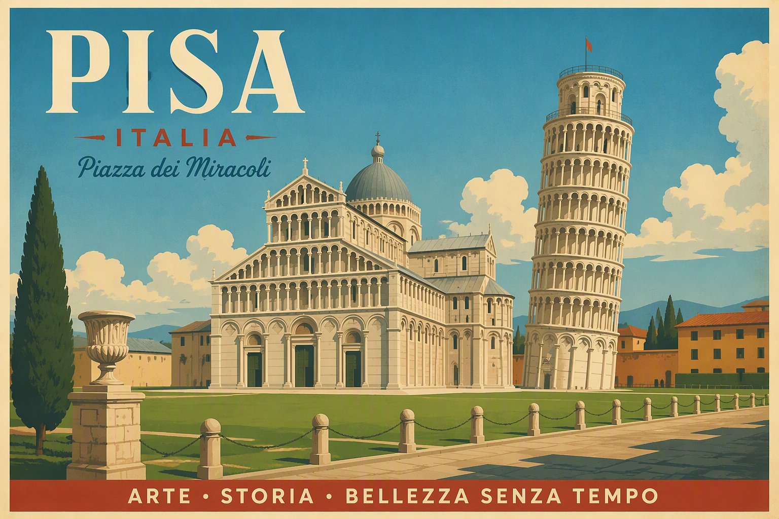 Historiallinen Pisan Piazza dei Miracoli aurinkoisena päivänä
