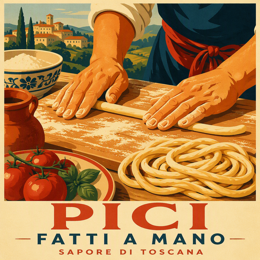 Käsin valmistettua tuoretta pici-pastaa jauhotetulla pöydällä