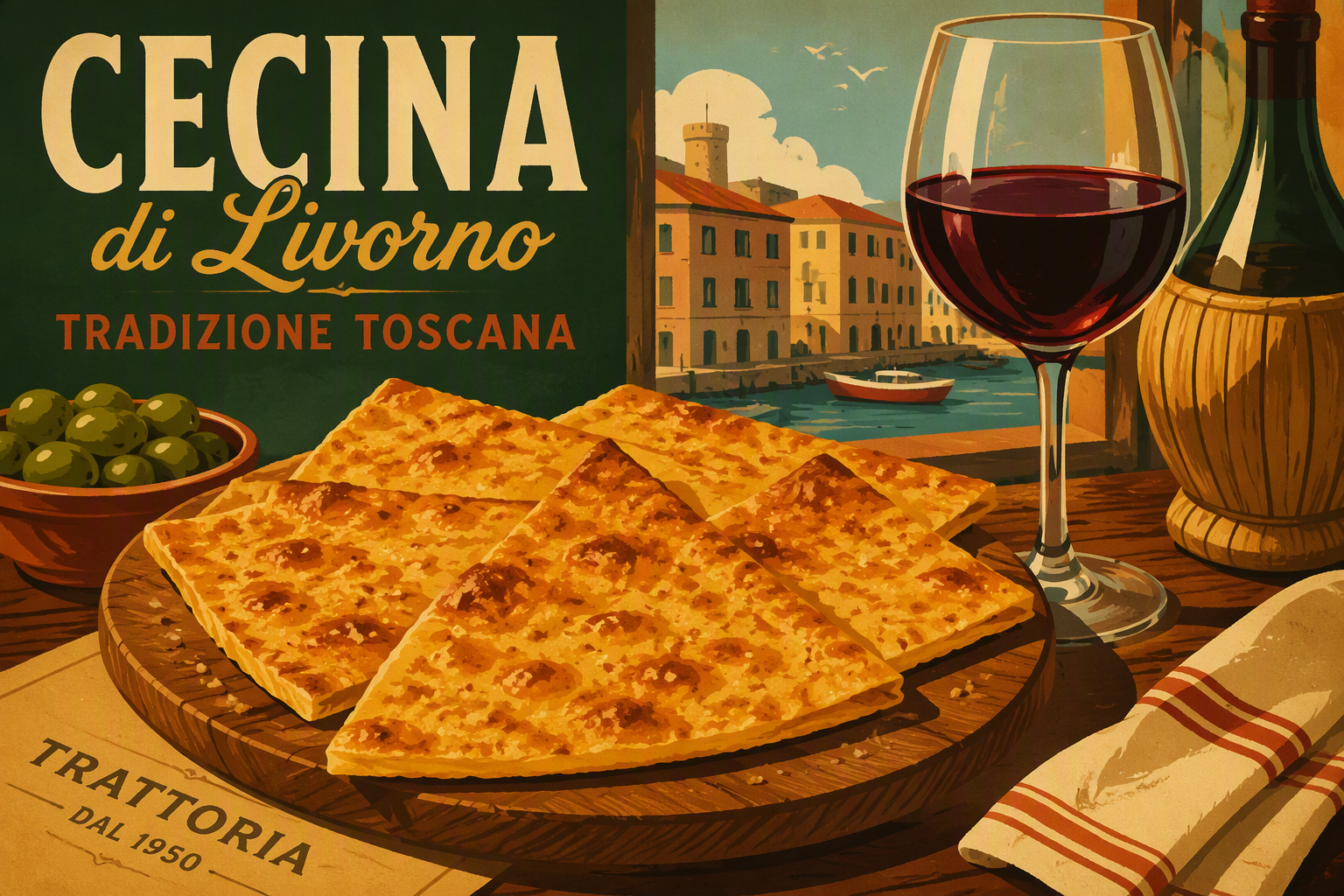 Perinteinen toscanalainen cecina-piirakka puutarjottimella