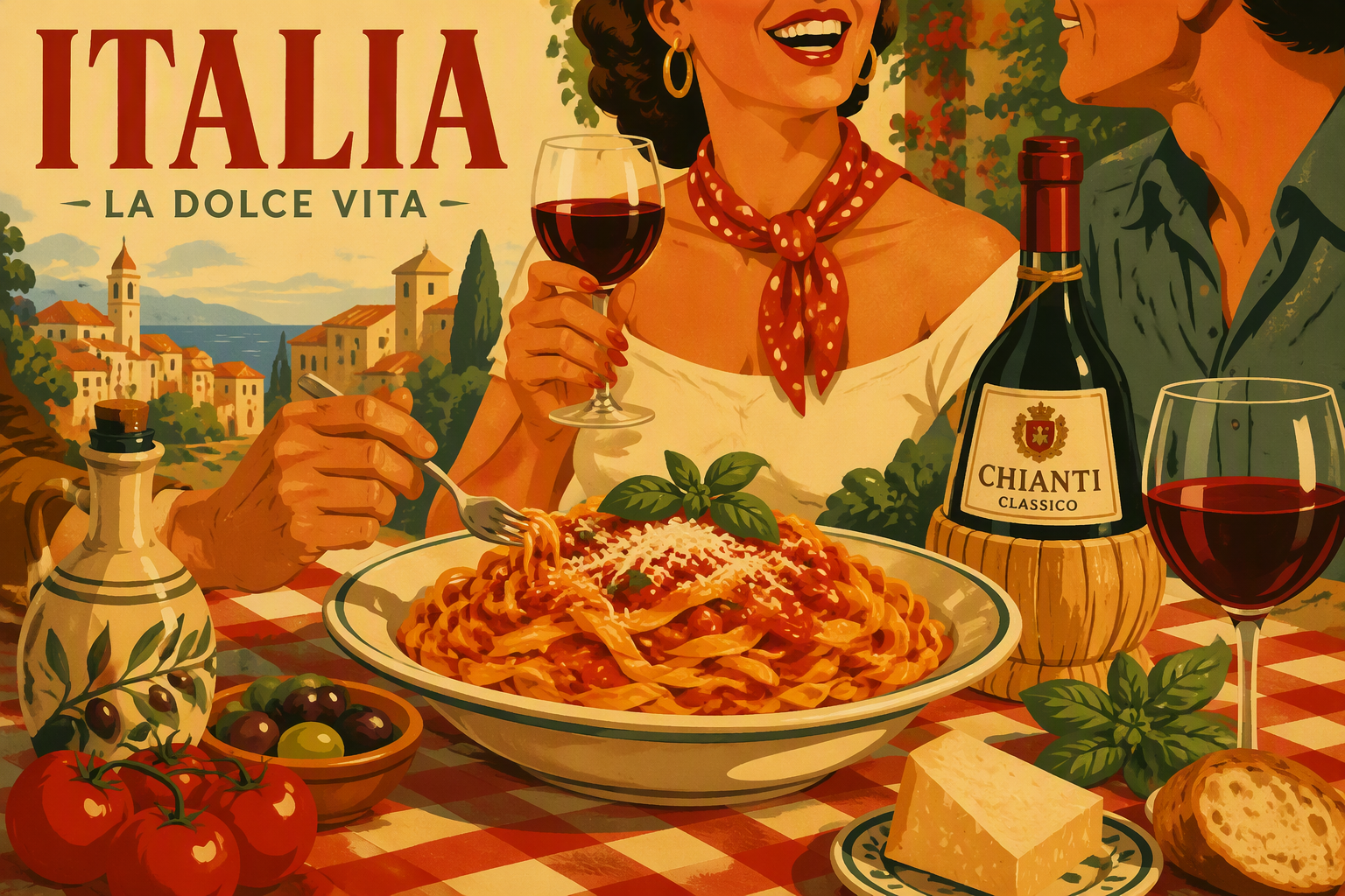Herkullinen italialainen pasta ja punaviini pöydässä