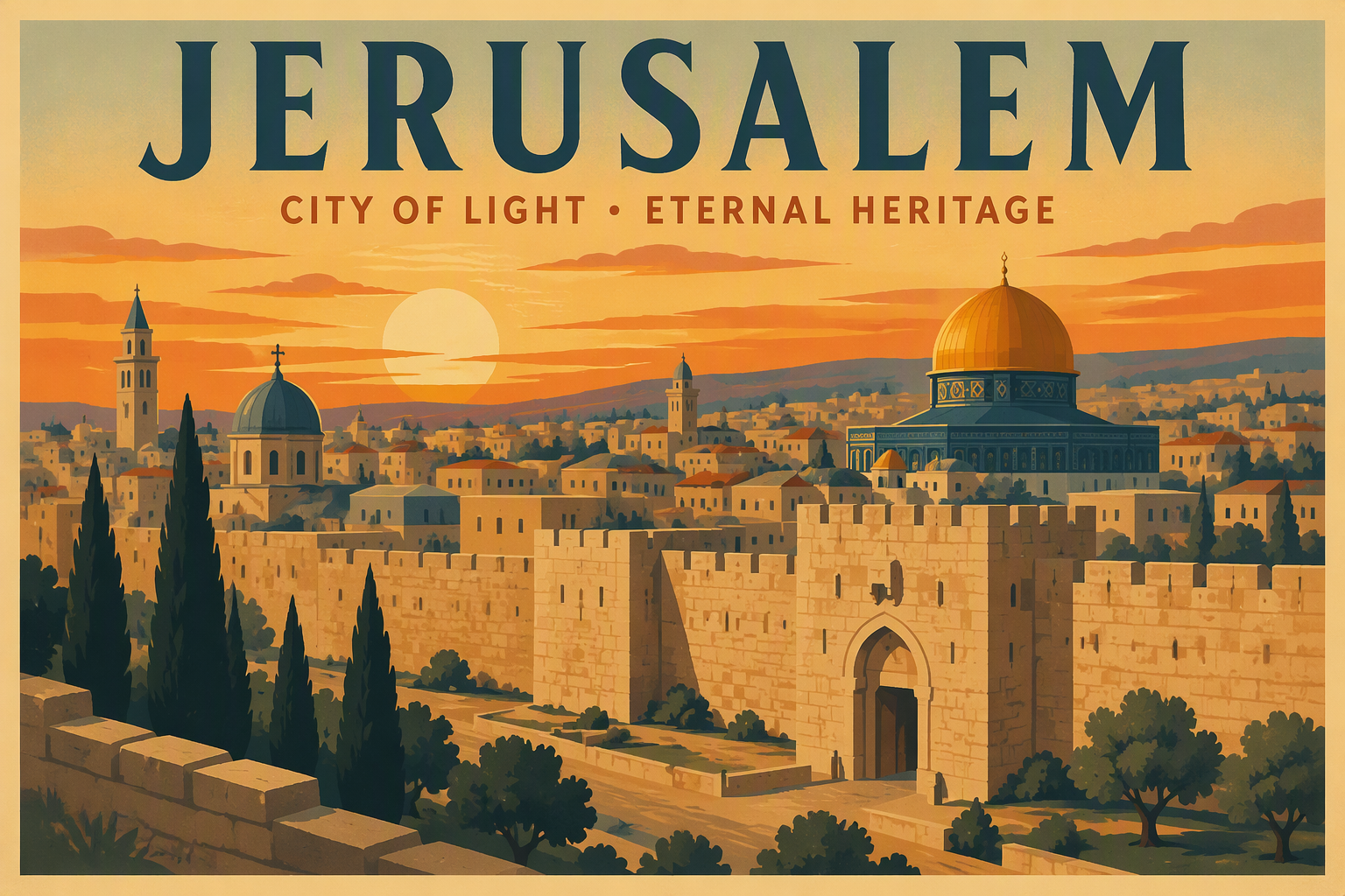 Jerusalemin historiallinen kaupunkinäkymä auringonlaskussa