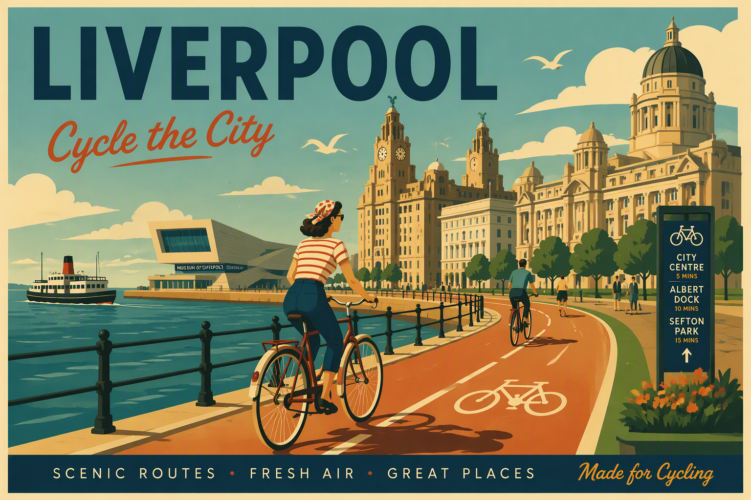 Pyöräilijä Liverpoolin satama-alueen pyörätiellä