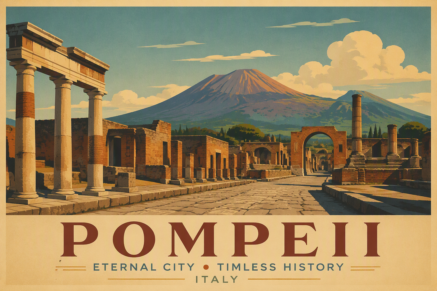 Muinaisen Pompeijin rauniot ja Vesuvius-tulivuori