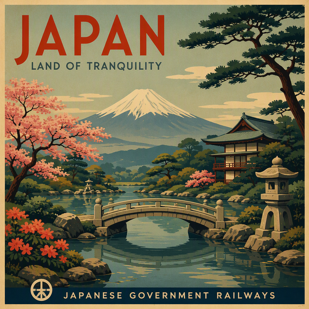 Japanilainen puutarha puusiltoineen ja vesialtaineen