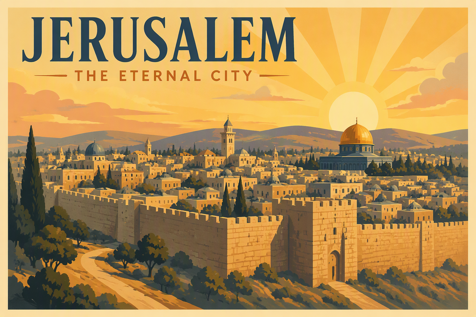 Jerusalemin vanha kaupunki muureineen ja kattoineen