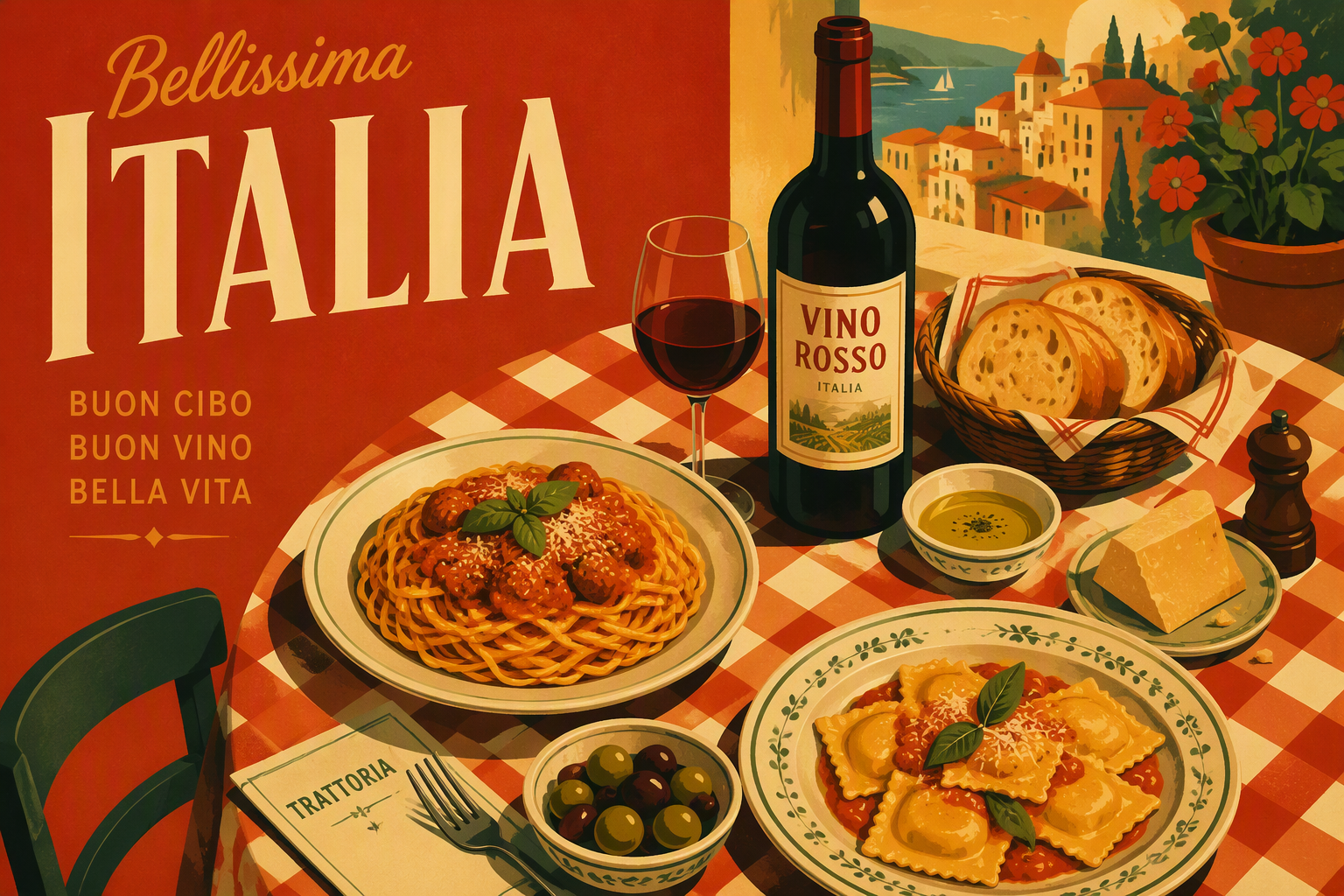 Perinteinen italialainen illalliskattaus ravintolassa