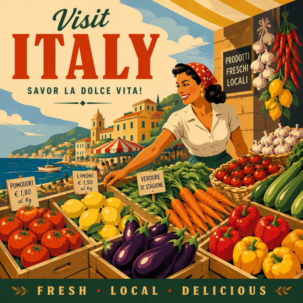 Värikäs italialainen tori täynnä tuoreita vihanneksia Värikäs italialainen tori täynnä tuoreita vihanneksia