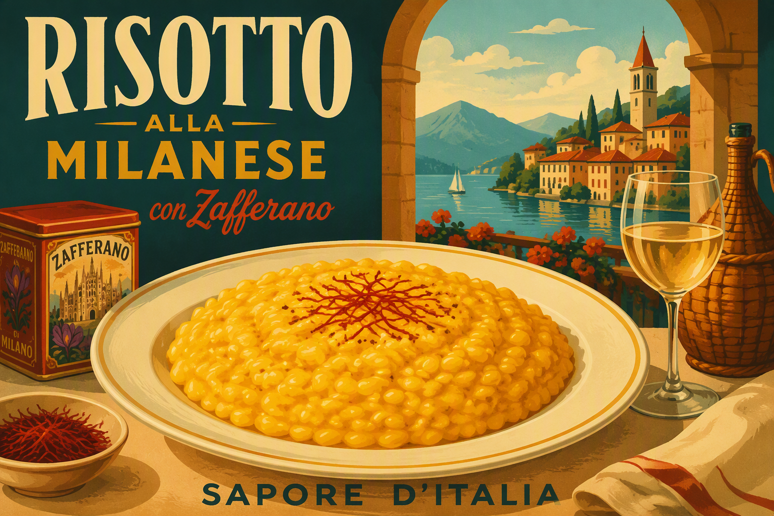 Perinteinen sahramilla maustettu risotto lautasella Perinteinen sahramilla maustettu risotto lautasella