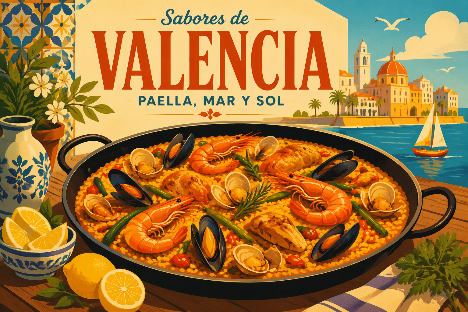 Perinteinen valencialainen äyriäispaella tarjoiltuna