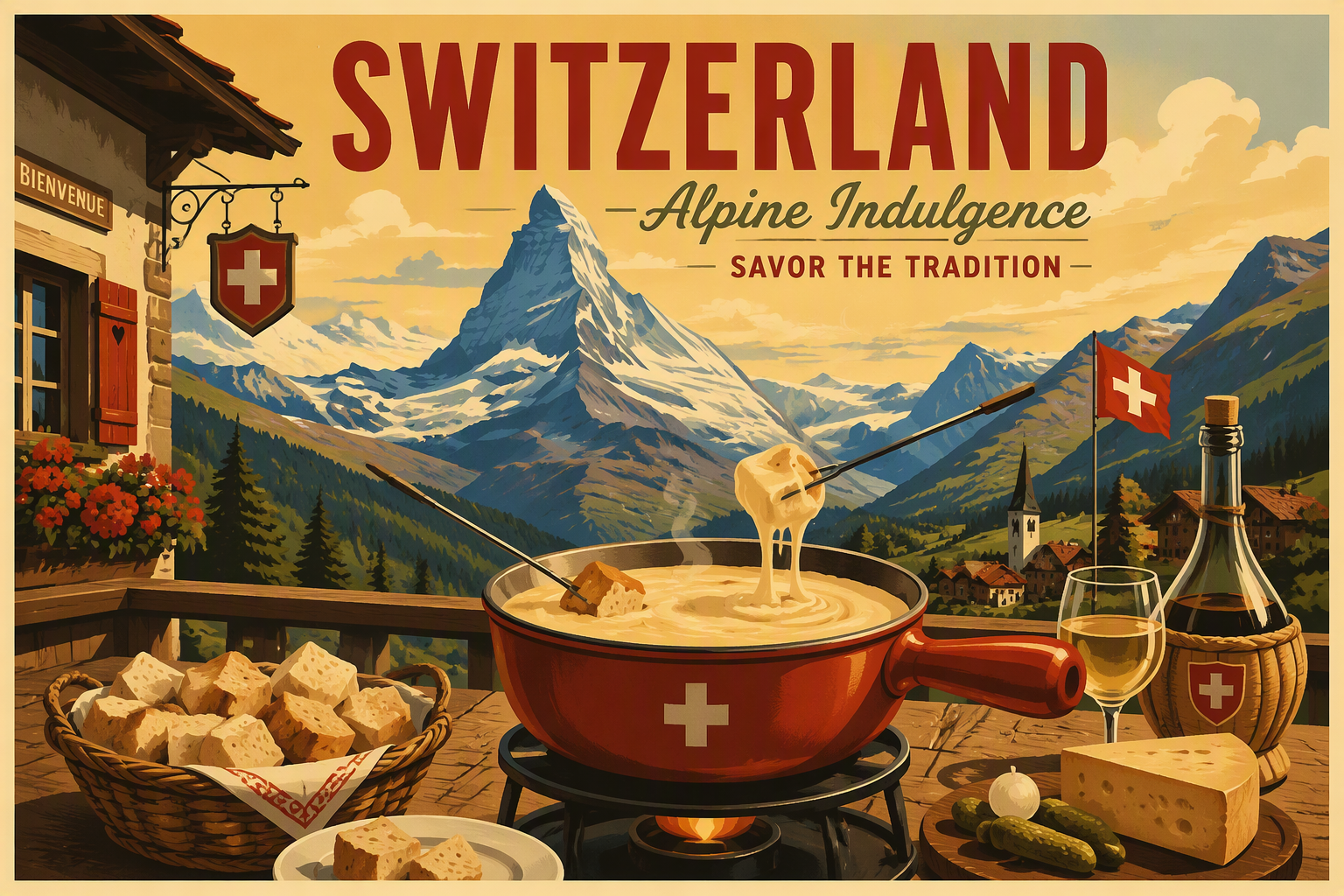 Juustosulate eli fondue tarjoiltuna alppimaisemissa Juustosulate eli fondue tarjoiltuna alppimaisemissa
