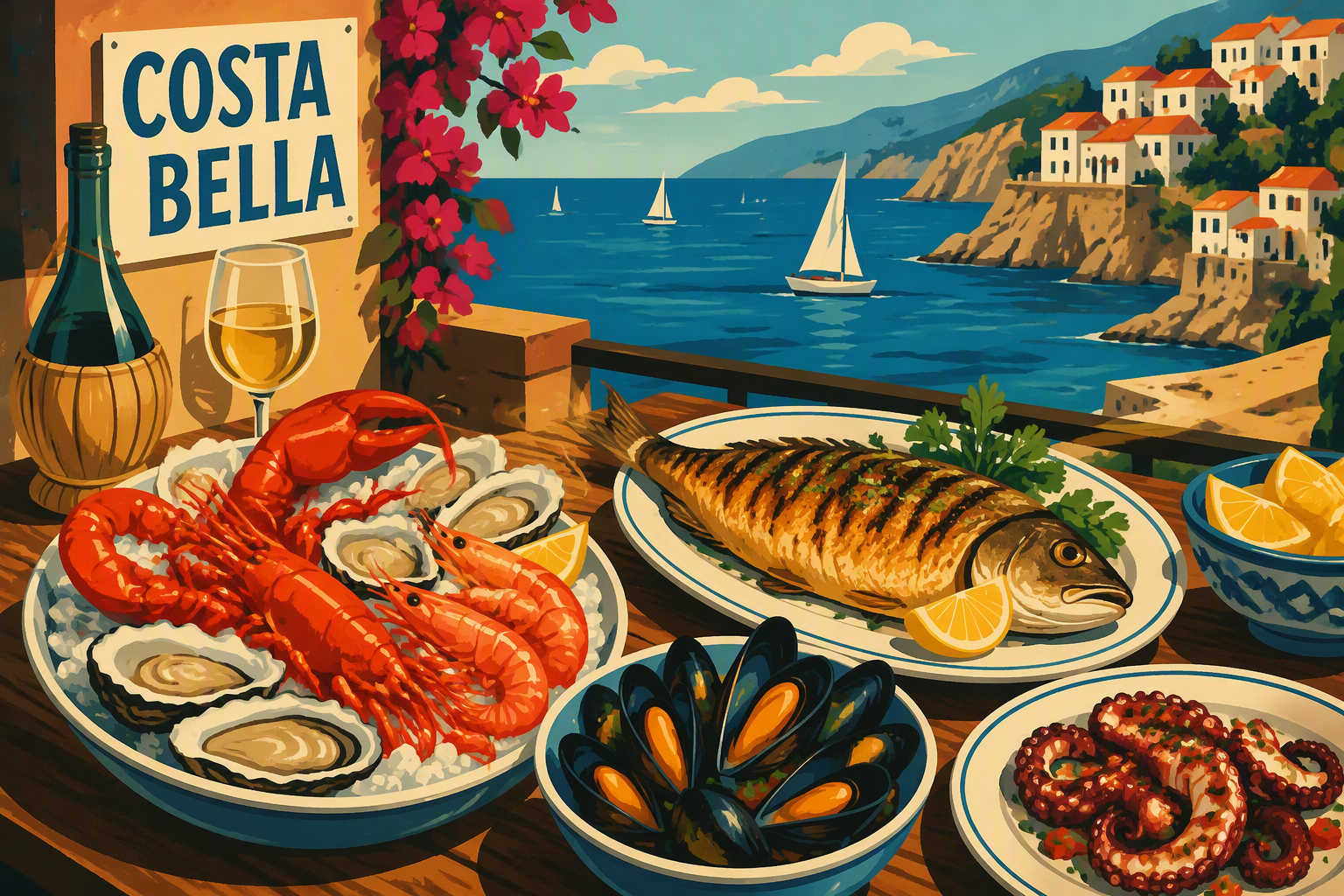 Tuoreita mereneläviä ja grillattua kalaa tarjoiltuna