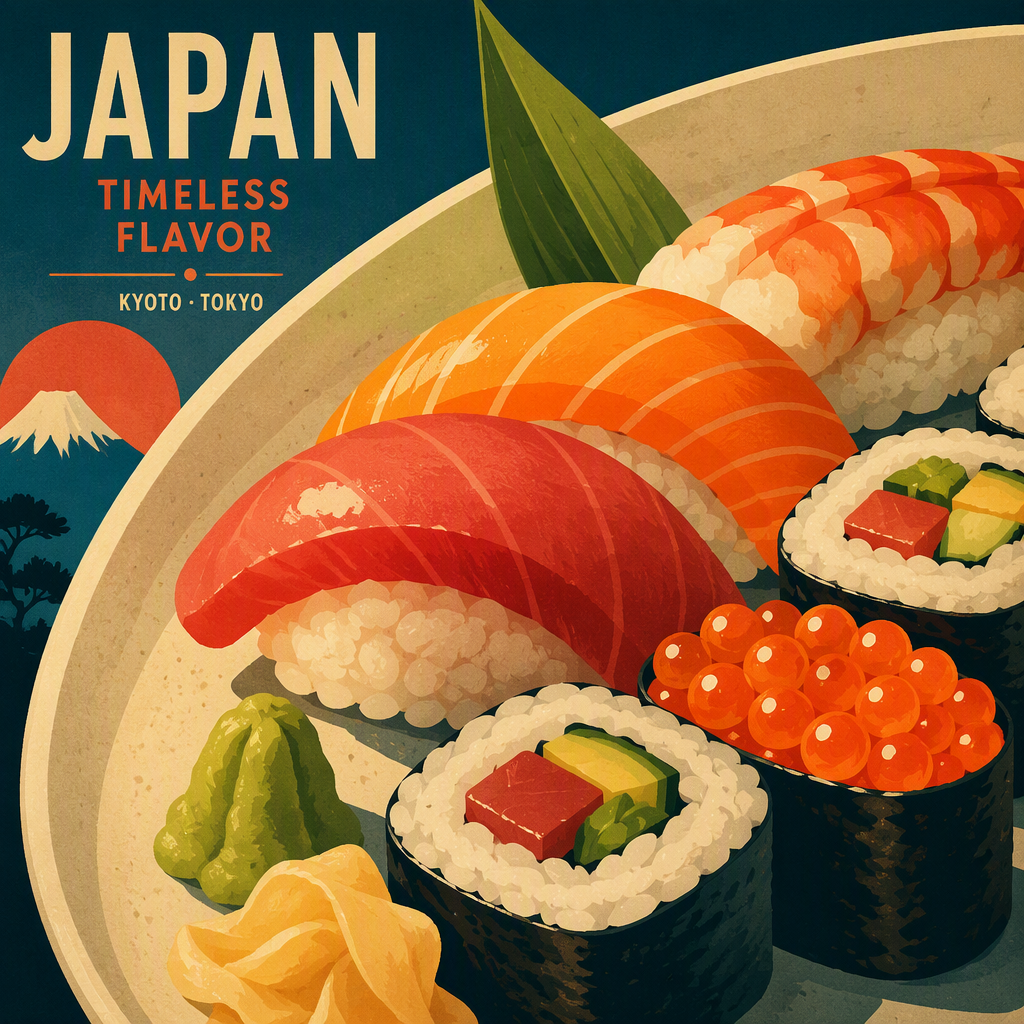Tuoreita sushi-annoksia keraamisella lautasella