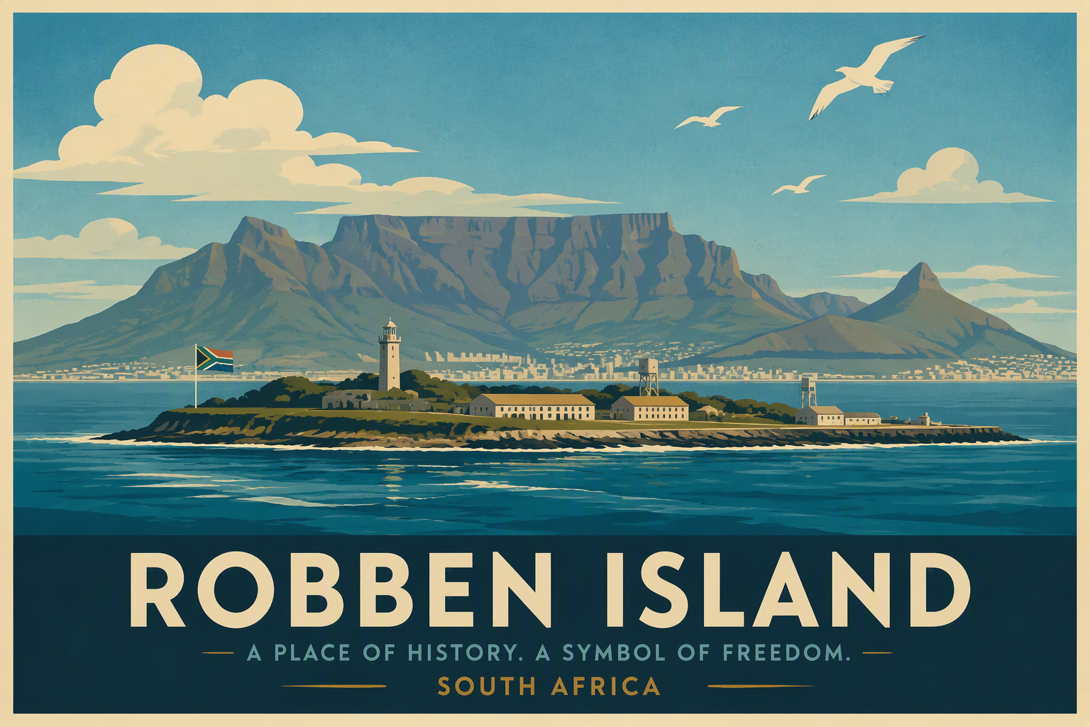 Robben Island ja näkymä Kapkaupungin horisonttiin