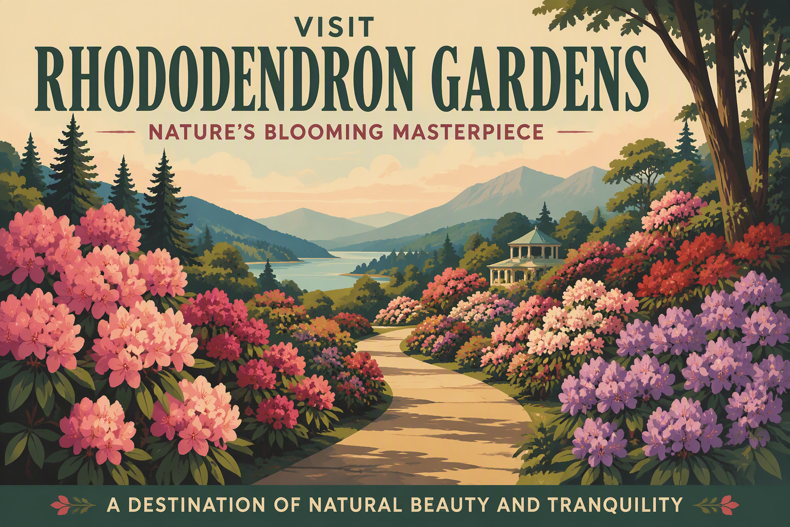 Kukkivia rododendron-pensaita puiston kävelyreitin varrella