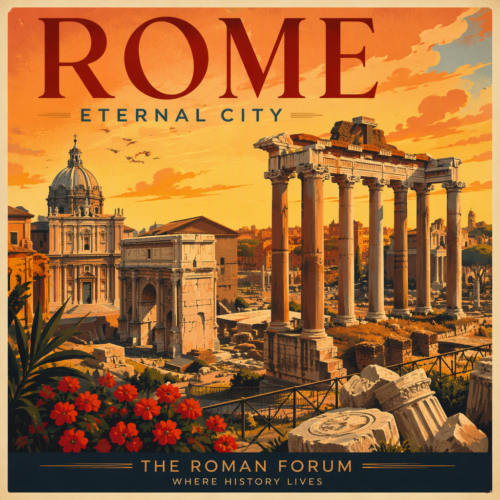 Forum Romanumin rauniot ja pylväät iltavalossa