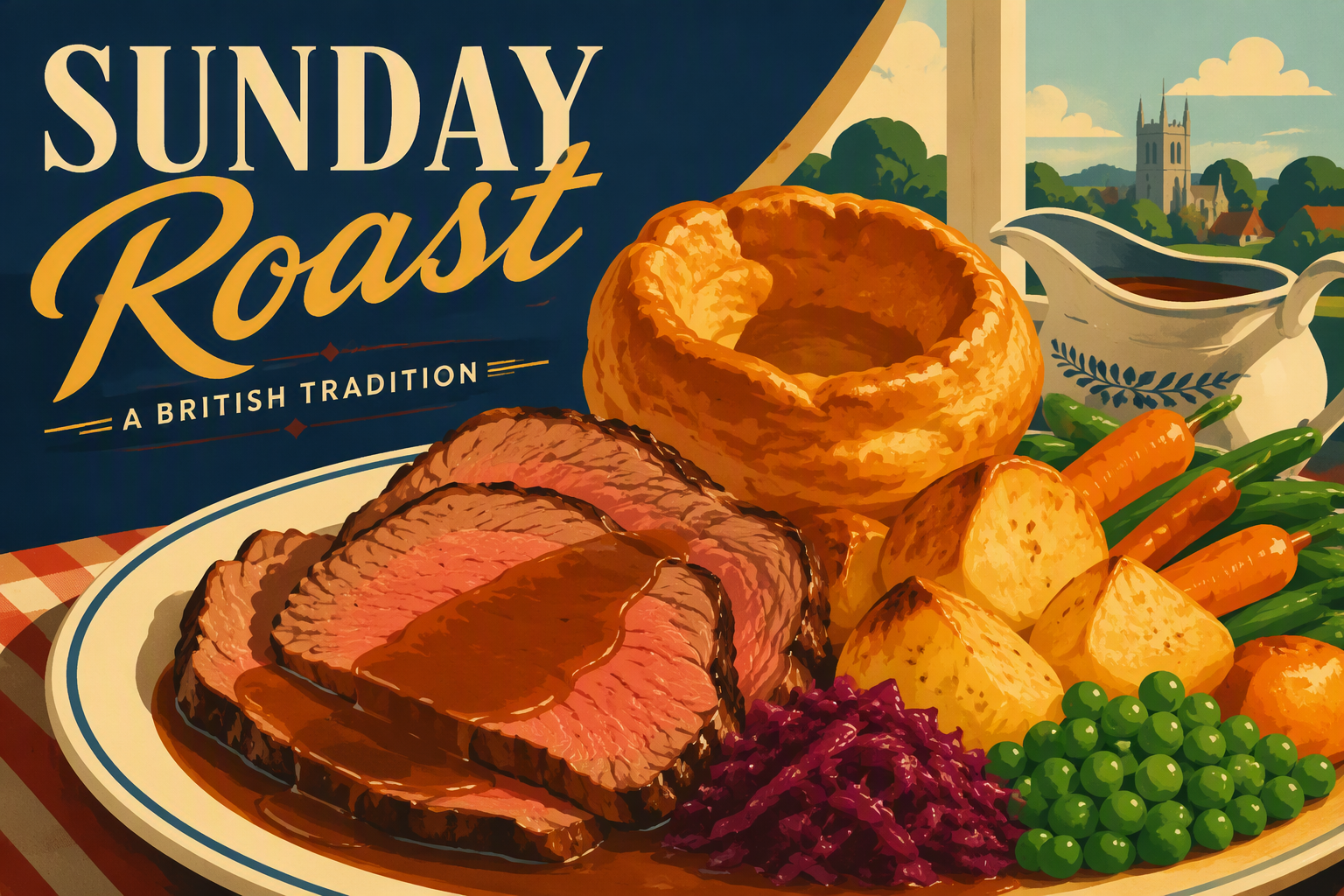 Perinteinen brittiläinen sunnuntaipaisti ja Yorkshire-pudding