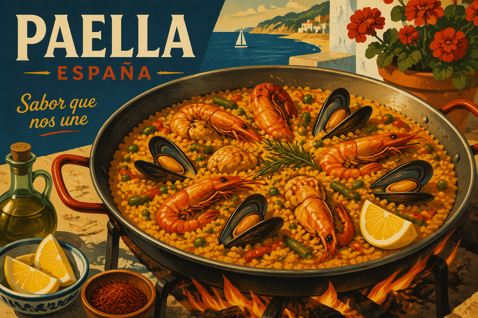 Perinteinen paella valmistumassa avotulella suurella pannulla Perinteinen paella valmistumassa avotulella suurella pannulla
