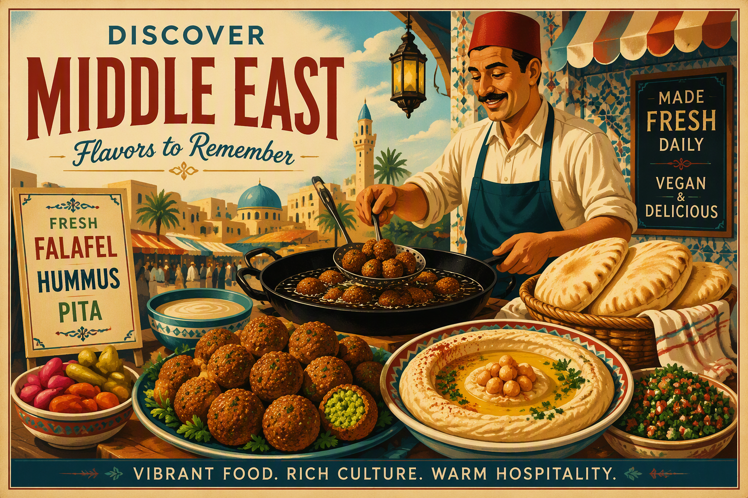 Falafel, hummus ja pita-leipä kojulla