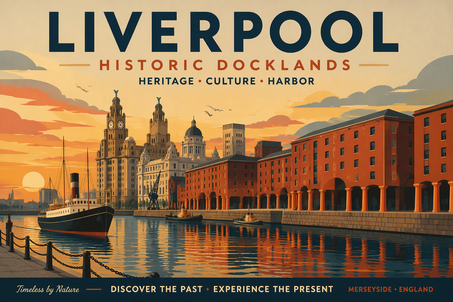 Historiallinen Liverpoolin satama-alue ja punatiiliset rakennukset