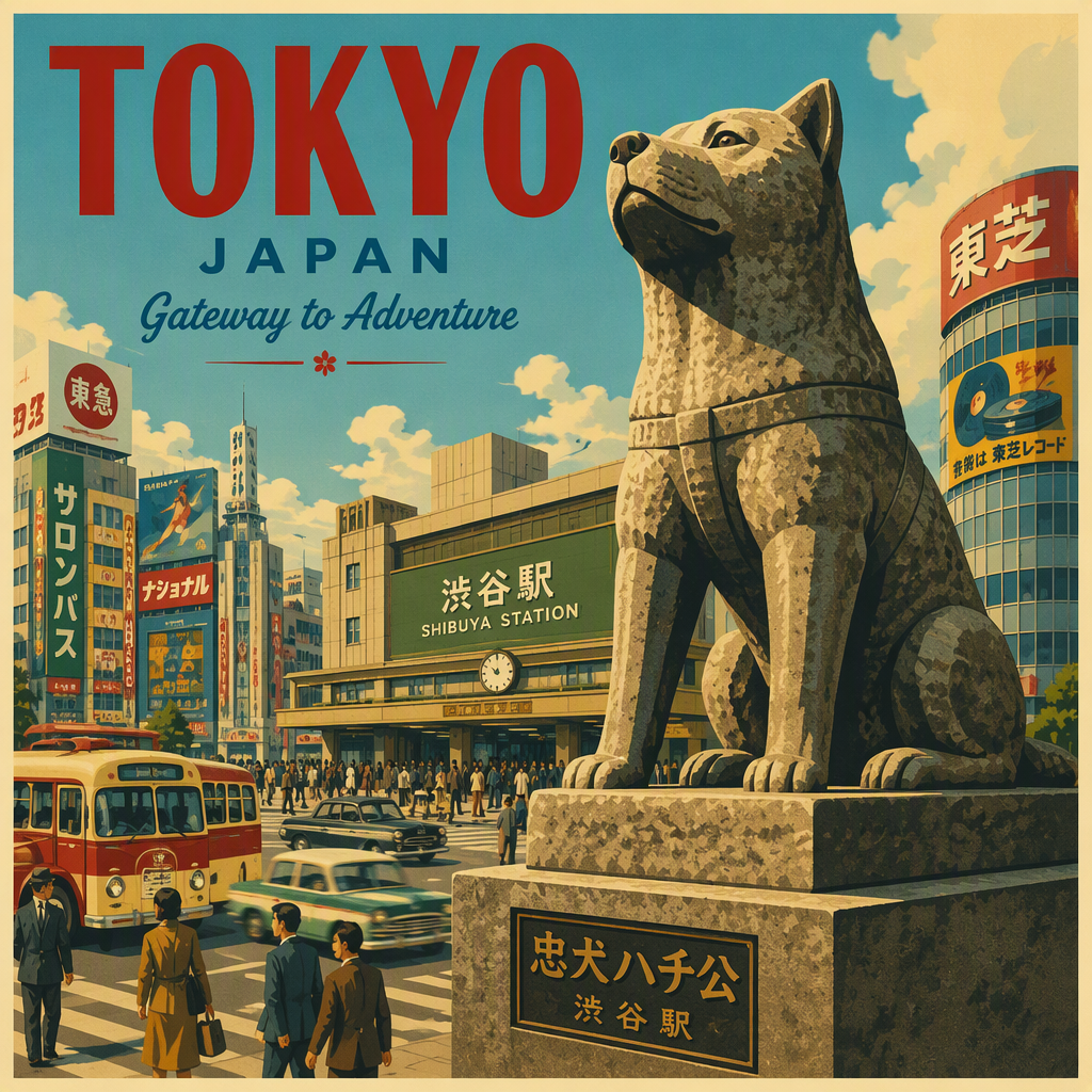 Hachiko-patsas ja taustalla häämöttävä kaupunkivilinä