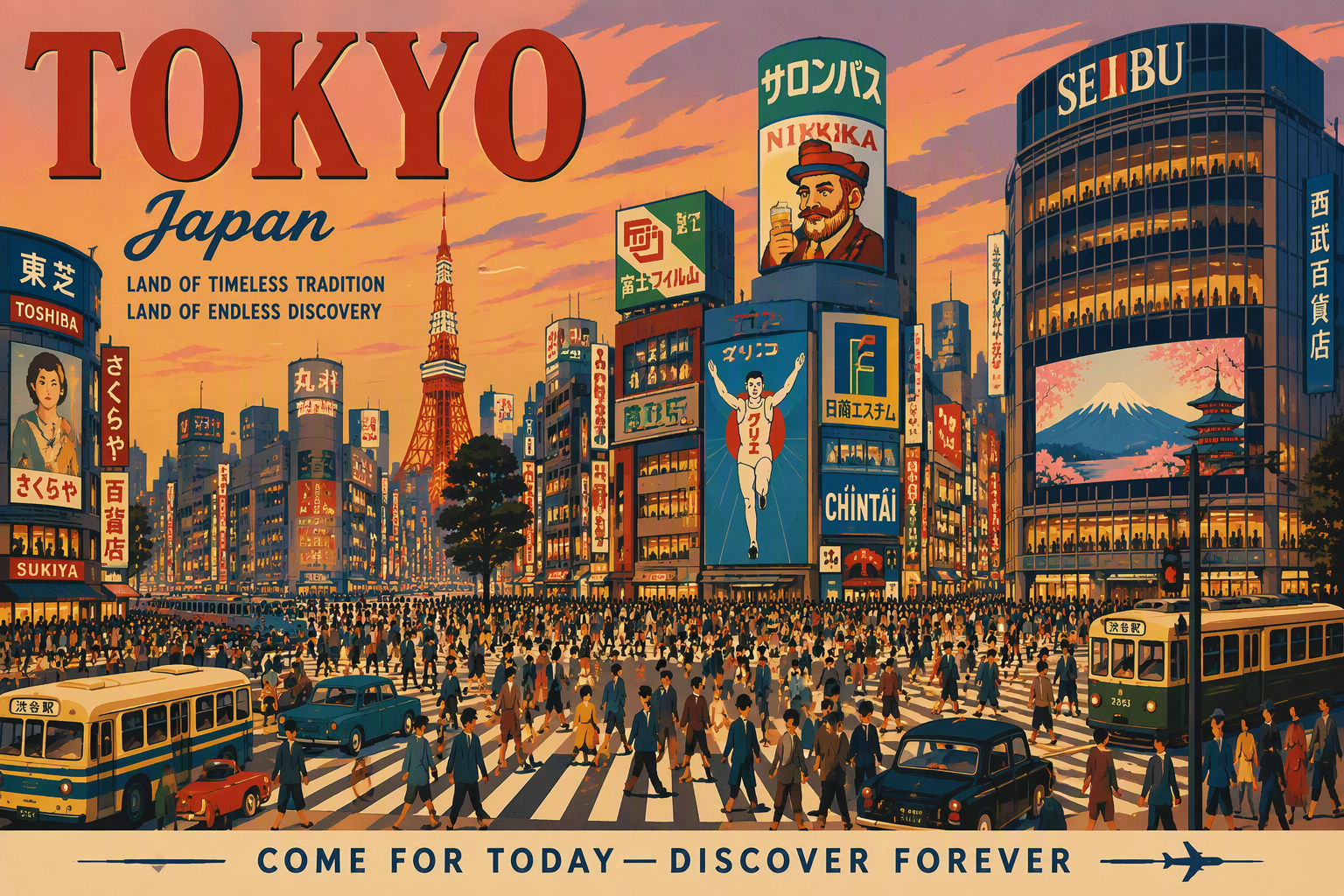 Shibuya Crossing vilkkaimmillaan iltahämärässä