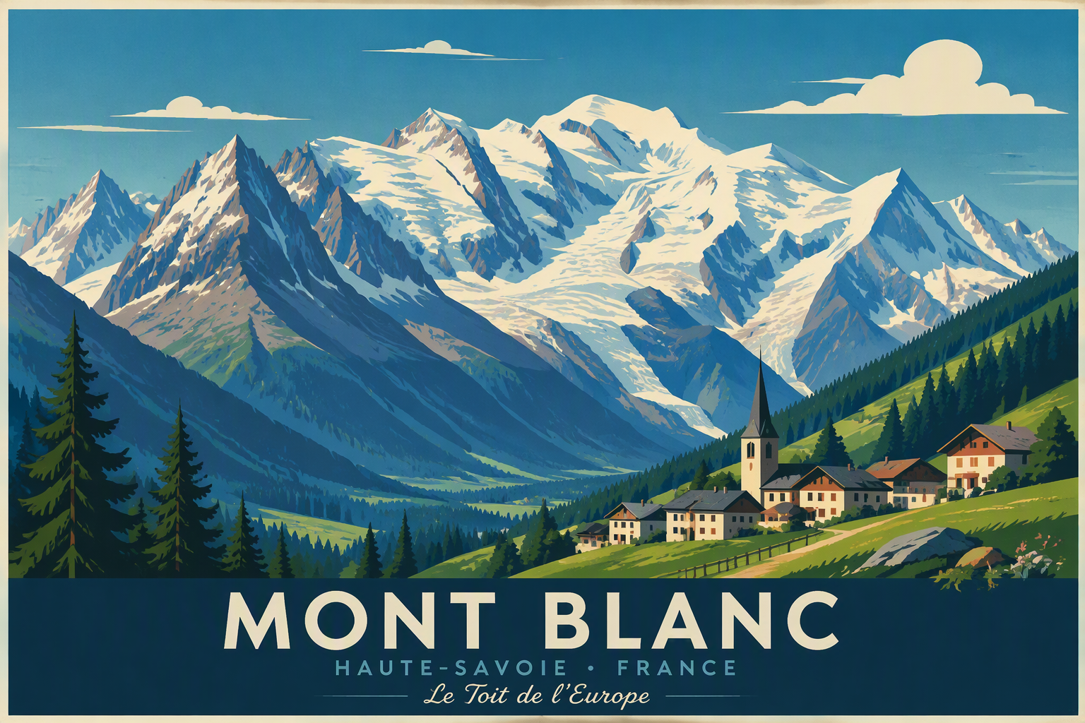 Mont Blancin lumihuippuiset vuoret ja vehreä laakso Mont Blancin lumihuippuiset vuoret ja vehreä laakso