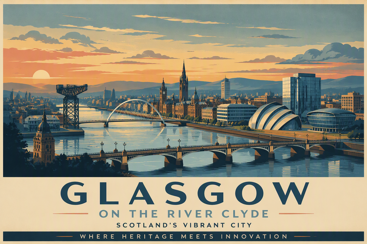 Glasgow'n kaupunkimaisema Clyde-joen varrella auringonlaskun aikaan Glasgow'n kaupunkimaisema Clyde-joen varrella auringonlaskun aikaan