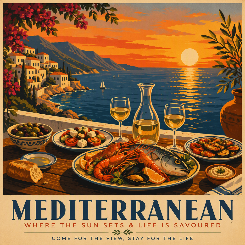 Katettu illallispöytä merenrannalla kreikkalaisilla alkupaloilla