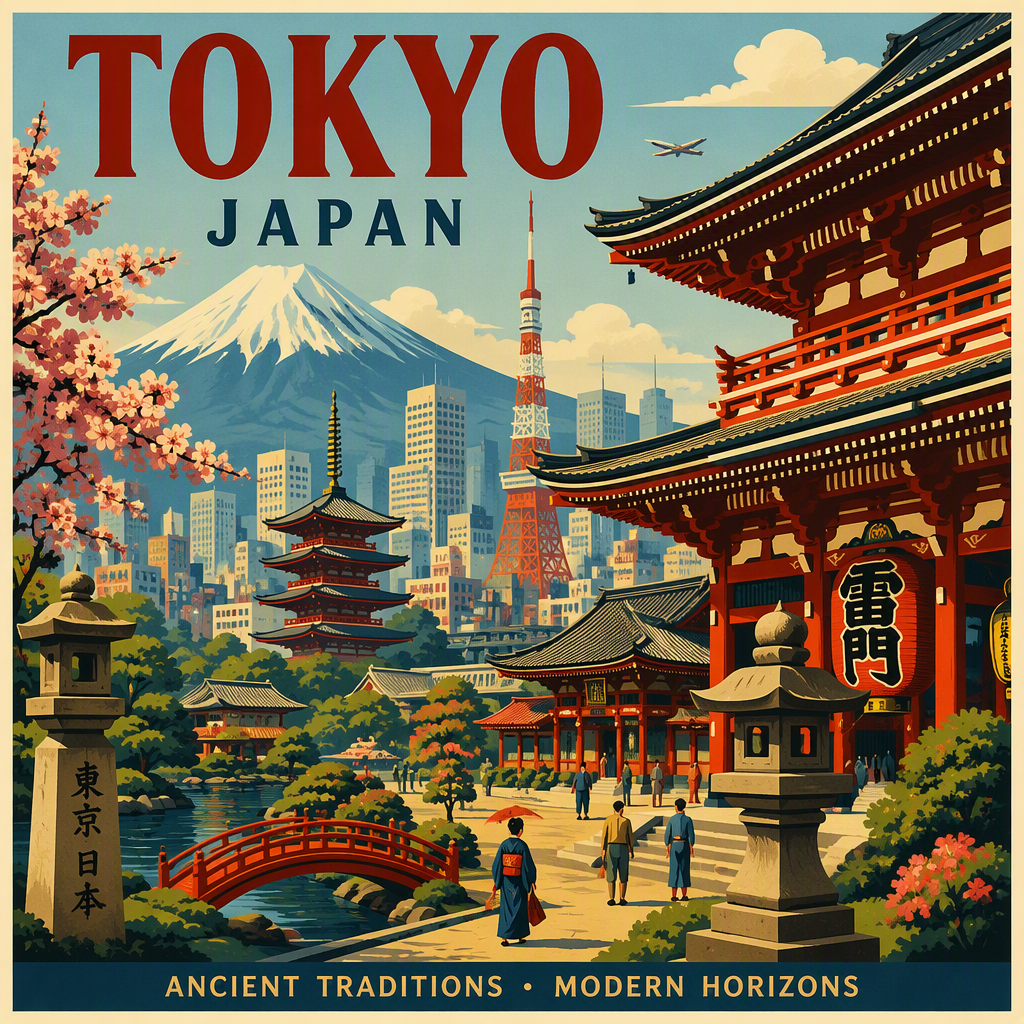 Perinteinen japanilainen temppeli ja lyhtyjä