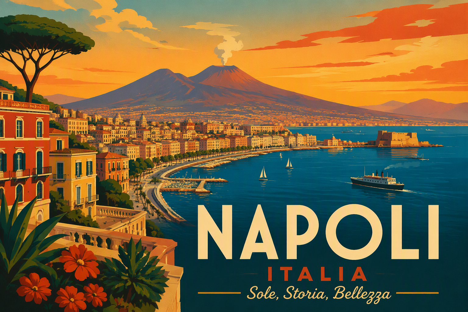 Napolin rannikko ja Vesuviuksen tulivuori auringonlaskussa